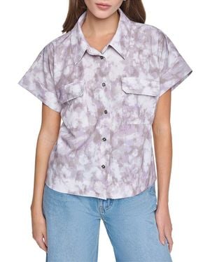 Halston Printed Short Sleeve Button Up Shirt - Blue