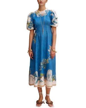 AMINA GLAM Linen-Blend Midi Dress - Blue
