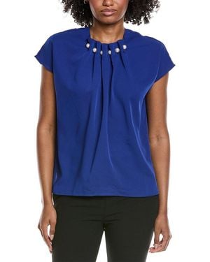 Gracia Pearl Embellished Neck Top - Blue