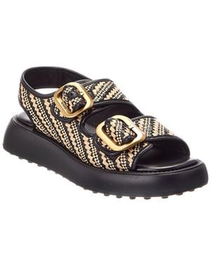 Tod's Double Buckle Raffia & Leather Flat Sandal - Black