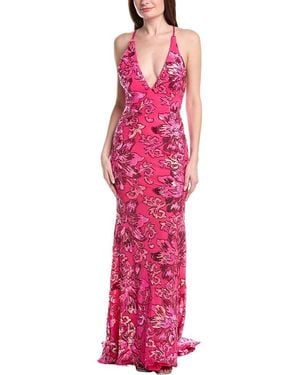 Jovani V-Neck Tie Back Sheath Dress - Pink