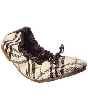 Burberry Check Fawn Leather-Trim Ballerina Flat - Natural