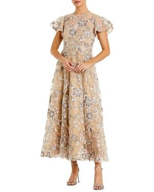 Mac Duggal Flutter Sleeve Butterfly Embroidered Maxi Dress - Natural
