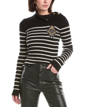 Balmain High Neck Striped Cashmere & Wool-Blend Pullover - Black