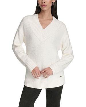 Halston V-Neck Boucle Sweater - White