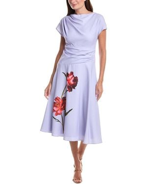 Teri Jon Crepe Cap Sleeve Drape Waist Digital Flower Dress - Blue