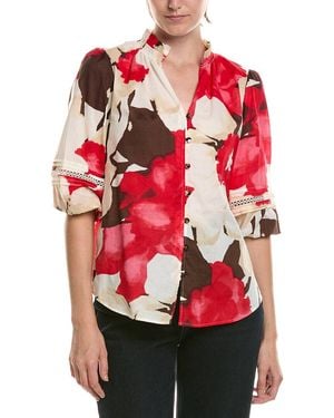 Anne Klein Petite Ruffle Neck Button Front Top - Red