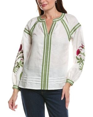 Tahari The Sofia Embroidered Linen-Blend Blouse - Gray