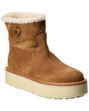 Prada Logo Suede & Shearling Platform Boot - Brown