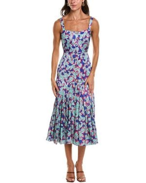 Saloni Karen Crackle Stamped Satin Midi Dress - Blue