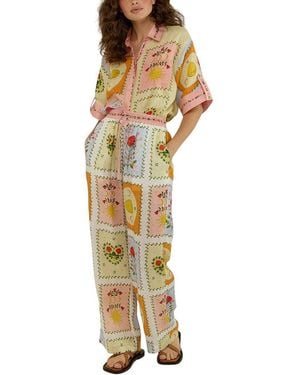 Esea 2Pc Linen-Blend Shirt & Pant Set - Metallic
