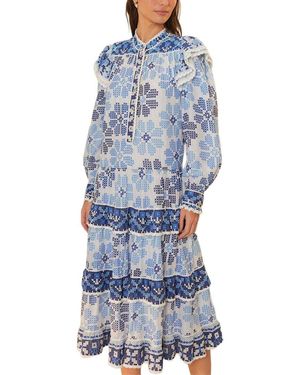 FARM Rio Off- Stitched Flowers And Girls Long Sleeve Midi Dress - Blue