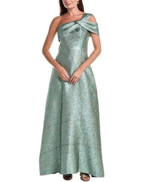 Teri Jon Metallic Jacquard Asymmetrical One-Shoulder Gown - Green