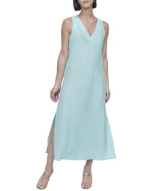 DKNY V-Neck Panel Linen Dress - Blue
