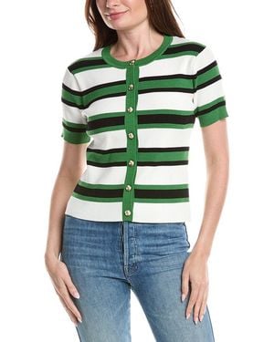 Tahari Pointelle Rib Striped Button Front Top - Green