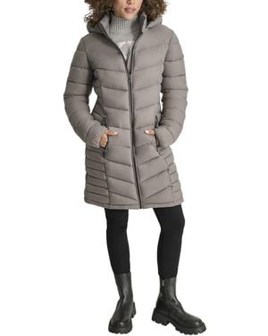 DKNY Packable Hooded Long Coat - Grey