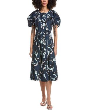 3.1 Phillip Lim Abstract Vines Shirred Sleeve Belted Midi Dress - Blue