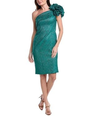 Teri Jon Metallic Pebble Jacquard One- Shoulder Flower Ruffle Dress - Green