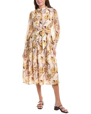 Gracia Floral Printed Long Sleeve Belt Midi Dress - Metallic