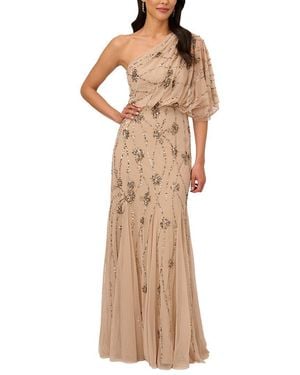 Adrianna Papell One Shoulder Beaded Blouson Mermaid Gown - Natural