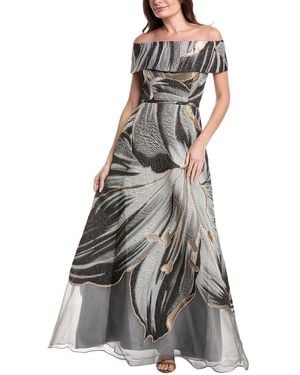 Teri Jon Metallic Jacquard Off Shoulder A-Line Floral Gown - Grey