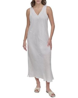 DKNY Linen V-neck Maxi Dress in Natural | Lyst