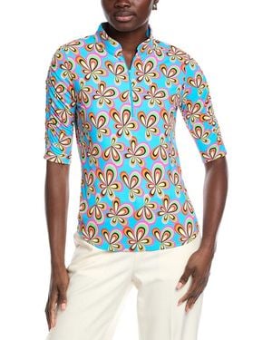IBKUL Ruched Elbow Sleeve Mandarin Collar Top - Blue