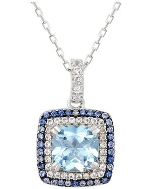 Suzy Levian Silver 0.02 Ct. Tw. Diamond & Gemstone Double Halo Pendant - Blue