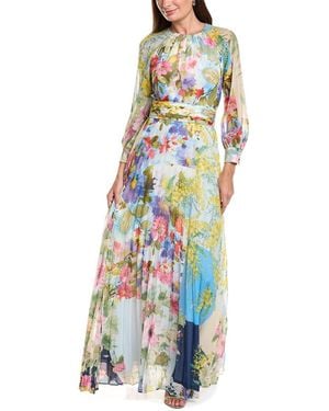 Teri Jon Long Full Sleeve Patchwork Print Pleated Gown - White