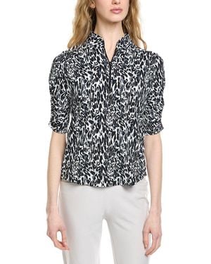 IBKUL Ruched Elbow Sleeve Mandarin Collar Top - Black