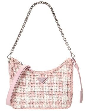 Prada Logo Plaque Raffia & Leather Hobo Bag - Pink