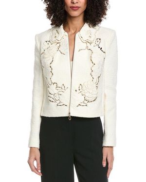 Oscar de la Renta Floral Detail Tweed Silk-Lined Wool-Blend Jacket - White