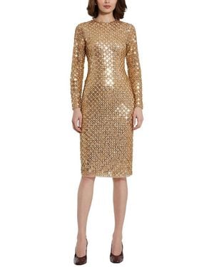 Mac Duggal Beaded Sequin Mesh Long Sleeve Fitted Midi Dress - Natural