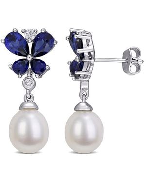 Pearls 14k 8-8.5mm Freshwater Pearl Floral Earrings - Blue