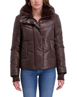 Kensie Mixed Quilt Puffer Jacket - Brown