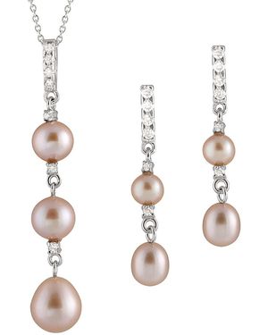 Splendid Silver 5.5-8.5mm Freshwater Pearl & Cz Earrings & Necklace Set Set - White