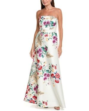 Teri Jon Mikado Floral Print Strapless Full Gown - White