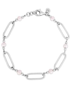 Italian Silver Piazza Di Spagna 3-4Mm Pearl Paperclip Link Station Bracelet - White