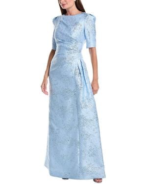Teri Jon Metallic Jacquard Side Drape Gown - Blue