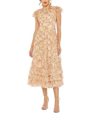 Mac Duggal Mesh Ruffle Tiered A-Line Dress - Natural