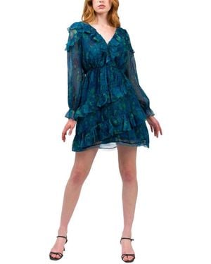 Marchesa Pleated Long Sleeve Chiffon Mini Dress - Blue