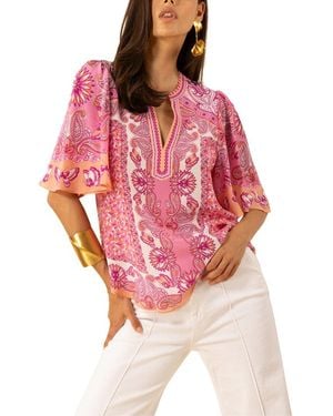 Hale Bob Novah Short Sleeve Jersey Silk Top - Red