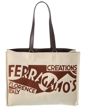 Ferragamo Logo Large Leather-Trim Tote - Natural