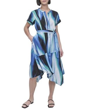 DKNY Printed Linen Wrap Midi Dress - Blue