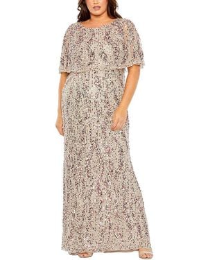 Mac Duggal Plus Embellished Sequin Column Capelet Gown - Grey