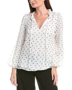 Adrianna Papell Printed Ruffle Tie Neck Chiffon Woven Top - White