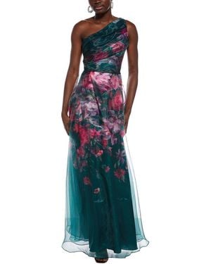 Rene Ruiz One-Shoulder Sheer Overlay Floral Gown - Blue