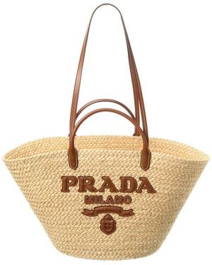 Prada Large Raffia & Leather Tote - Natural