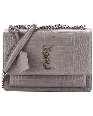 Saint Laurent Croc-Embossed Leather Sunset Crossbody Medium (Authentic Pre-Loved) - Gray