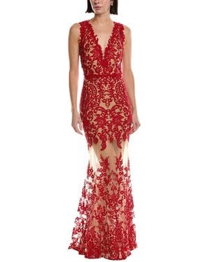 Marchesa Sleeveless Deep V-Neck Embroidered Gown